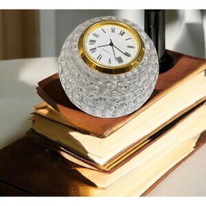 Vintage Quartz Crystal Glass Golf Ball Paperweight Mantel Clock W/Roman Numbers
